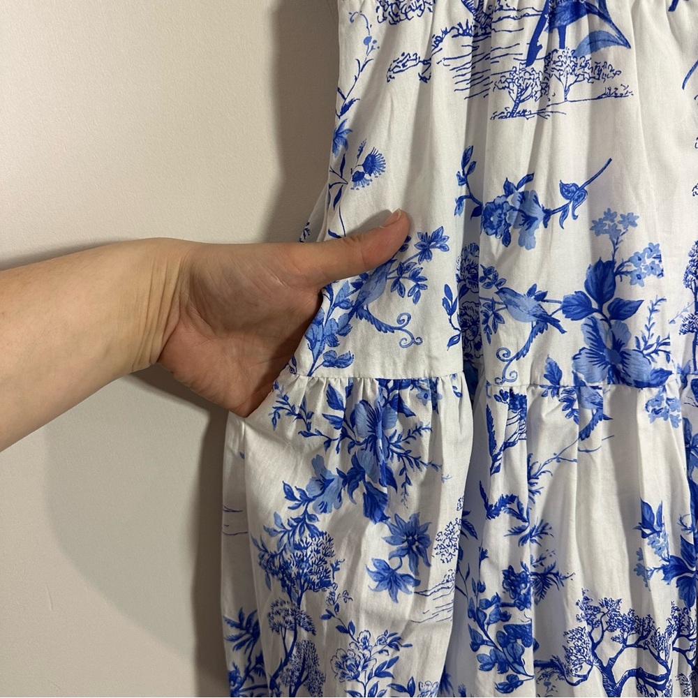 Aqua White Blue Delft Print Sleeveless Scoop Neck A-Line Cotton Midi Dress - Picture 4 of 7